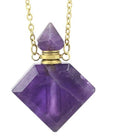 Purple diamond perfume pendant with gold cap and chain, faceted crystal drop