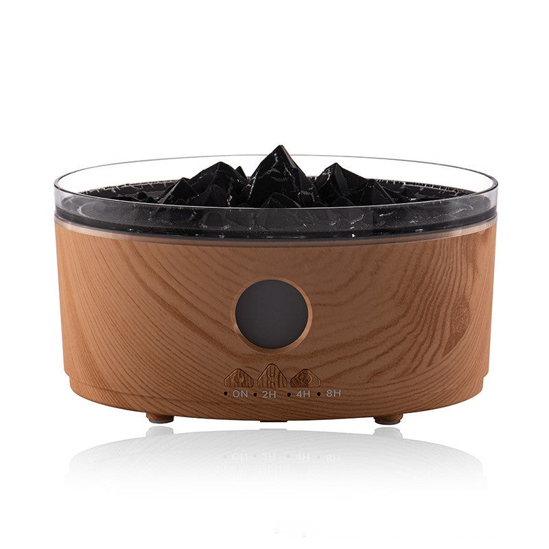 Light wood grain volcano aroma diffuser with black rock insert and round control window