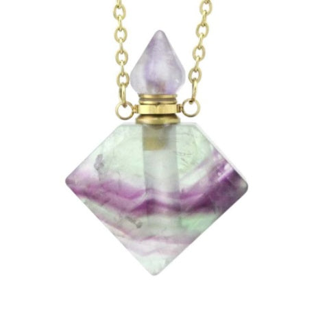 Pastel purple and green diamond perfume pendant with gold cap and chain, faceted drop