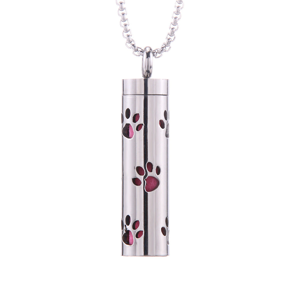 Aroma pendant cylinder with red paw-print charms motif and silver-tone chain
