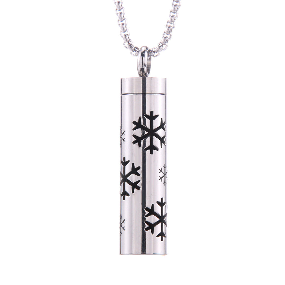 Zylinder-Anhänger mit schwarzen Schneeflocken, Edelstahlkette