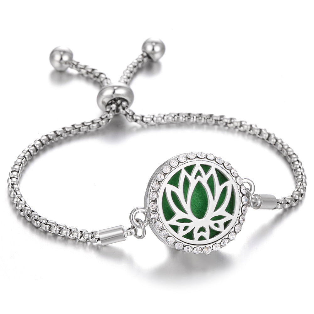 Silver Tree of Life aroma bracelet with green medallion center and round crystal bezel