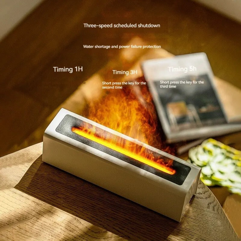 Prism USB Flame Diffuser, white unit on wood surface with flame-style glow