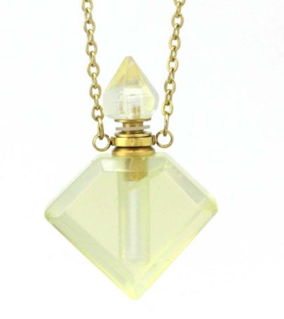 Pale yellow diamond perfume pendant with gold cap and chain, faceted crystal drop