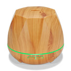 Light wood grain aroma diffuser with green LED ring and light/mist settings display