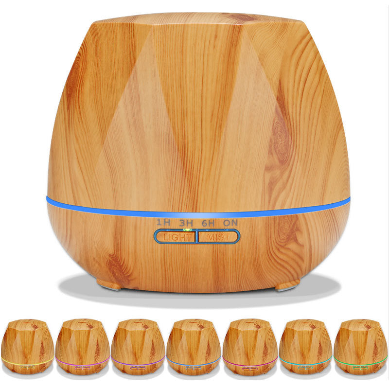 Light wood grain aroma diffuser with blue LED ring; set of small diffusers shown