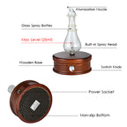 Glass aroma diffuser bottle with nozzle and wooden base, switch knob and power socket