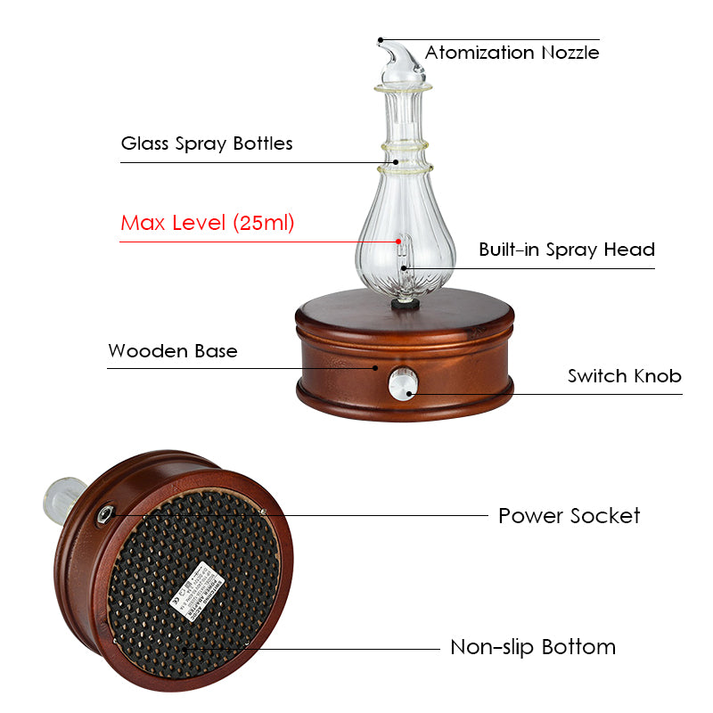 Glass aroma diffuser bottle with nozzle and wooden base, switch knob and power socket
