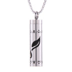 Aroma pendant cylinder with black motif graphic in vertical window, silver-tone chain