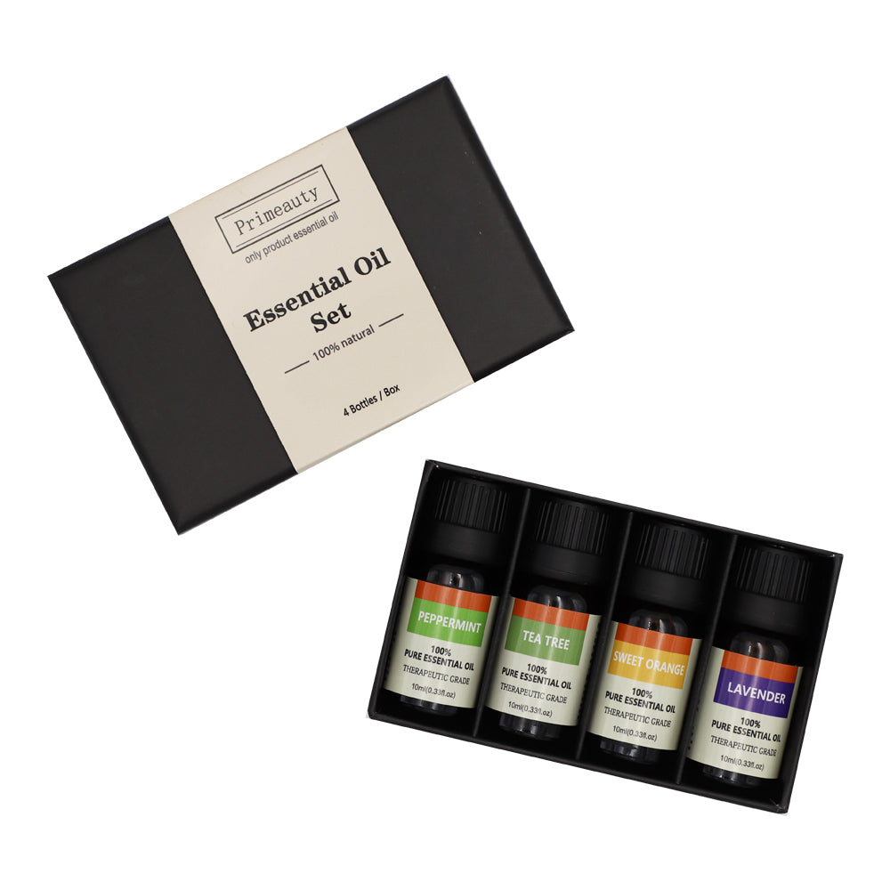 Essential oil set gift box with six bottles: peppermint, tea tree, sweet orange, lavender