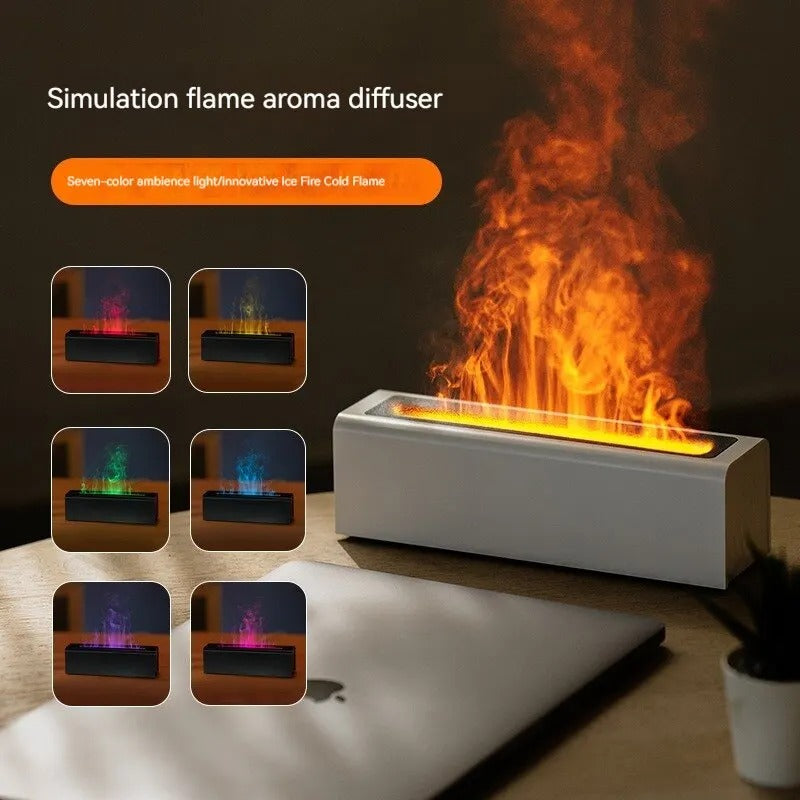 Prism USB Flame Diffuser, white unit showing simulated flames and warm glow