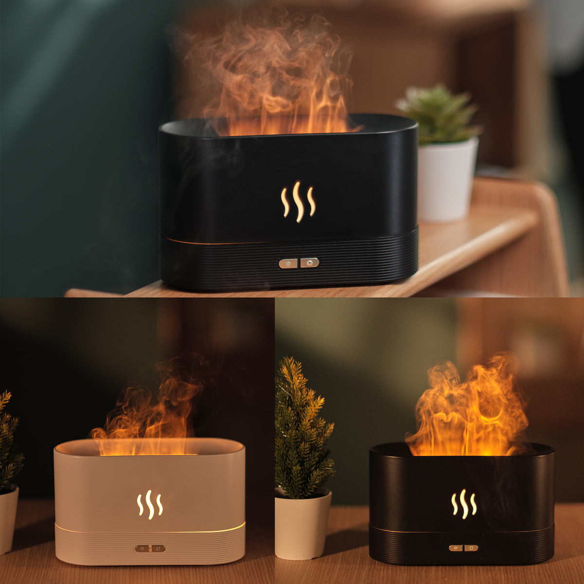Flame mist diffuser set with black and white units showing simulated flame