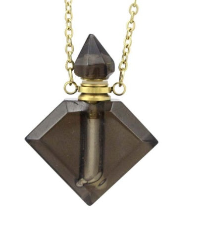 Dark smoky diamond perfume pendant with gold cap and chain, faceted crystal drop