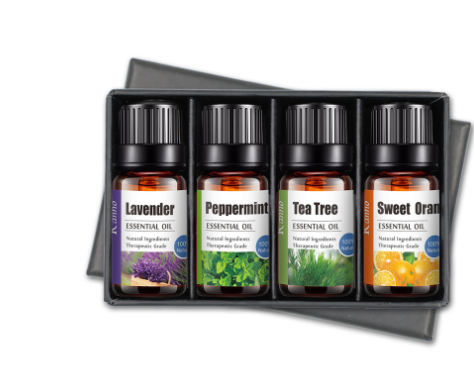 Essential oil bottle set in tray: Lavender, Peppermint, Tea Tree, Sweet Orange