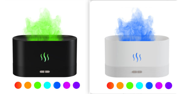 Pair of flame mist diffusers in black and white, with multi-color light options
