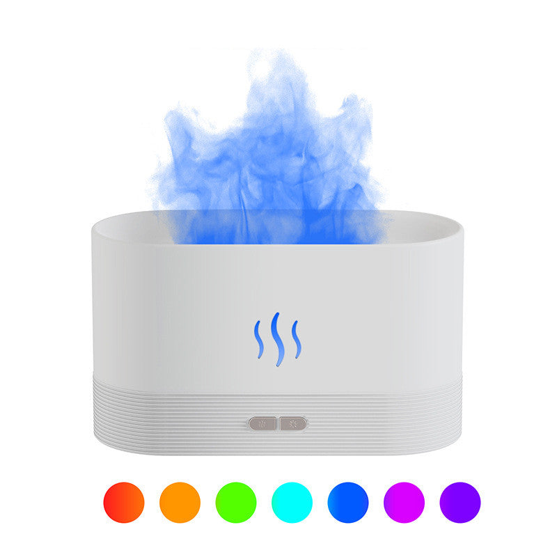 White flame mist diffuser with blue vapor, front control and light color options