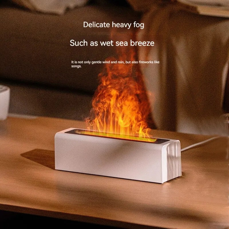 Prism USB Flame Diffuser, white body with simulated flame and glowing strip