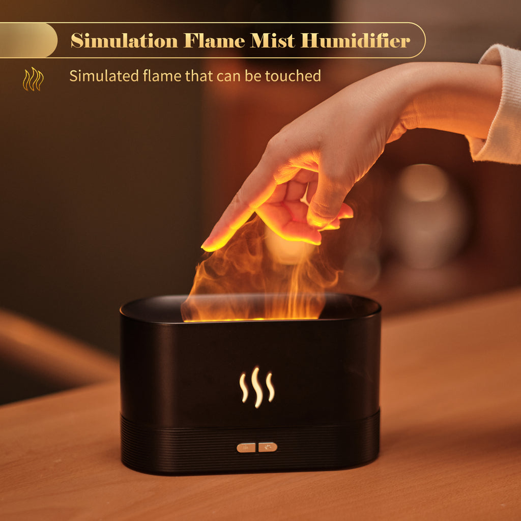 Black flame mist diffuser with simulated flame effect and touch buttons
