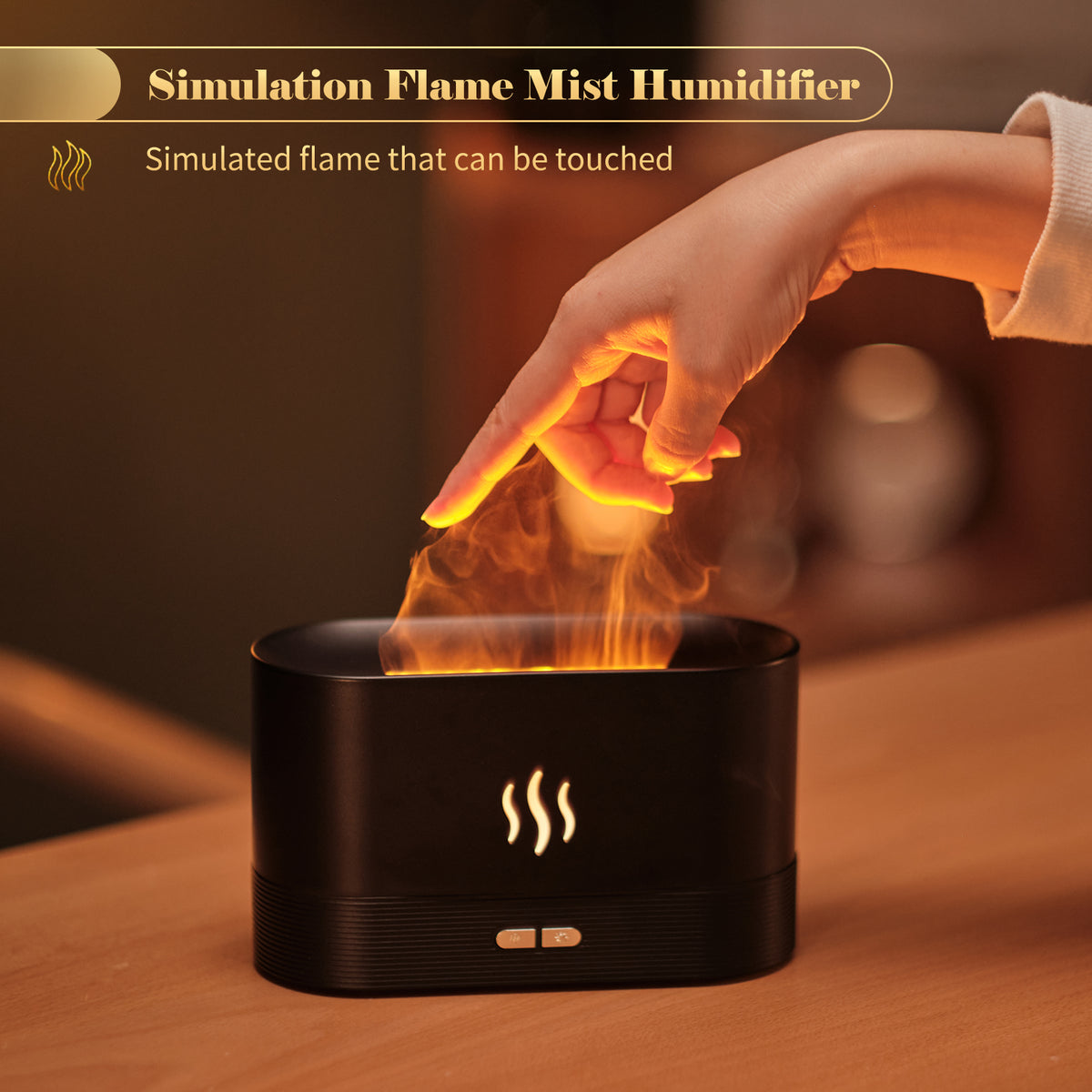 Black flame mist diffuser with simulated flame effect and touch buttons