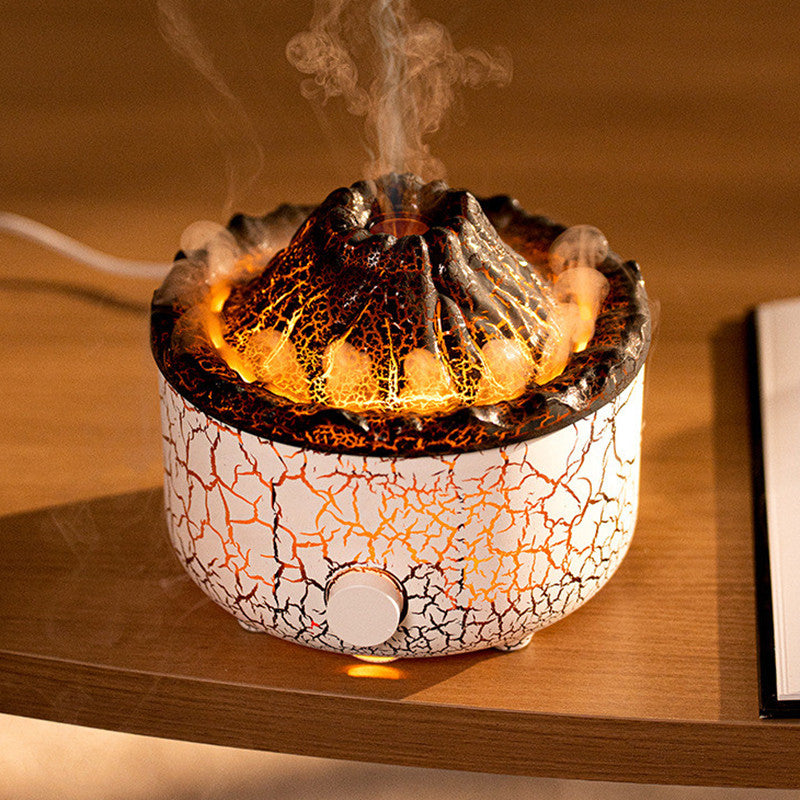 Close view of lava volcano jellyfish diffuser with glowing orange core and smoke