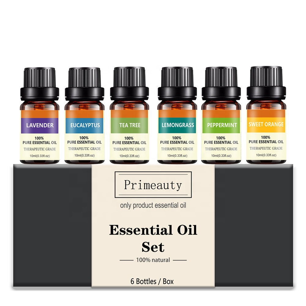 Essential Oil Set box with 6 labeled bottles: lavender, eucalyptus, tea tree, lemongrass