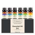 Essential Oil Set box with 6 labeled bottles: lavender, eucalyptus, tea tree, lemongrass