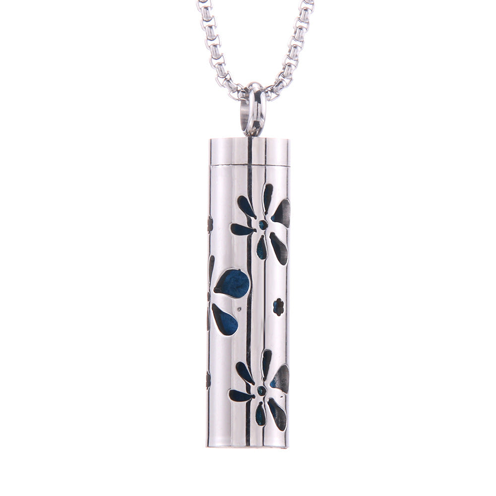 Aroma pendant, silver cylinder with blue and green flower inlay