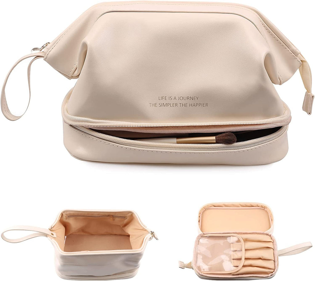 Light cream cosmetic case with wrist strap, open top compartment