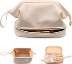 Light cream cosmetic case with wrist strap, open top compartment
