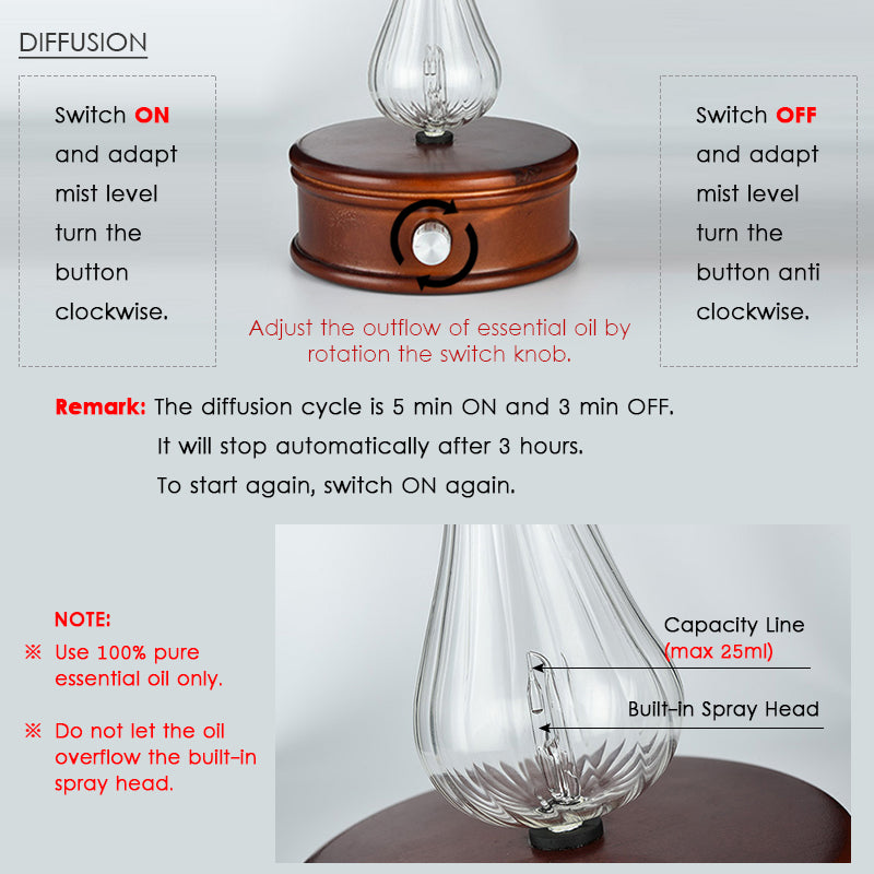 Aroma diffuser unit with glass spray bottle and wooden base, front switch knob