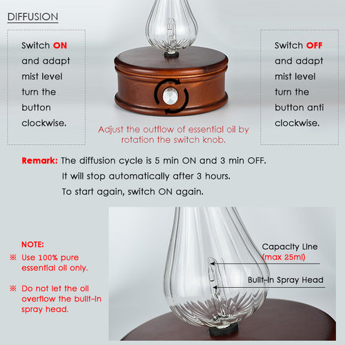 Aroma diffuser unit with glass spray bottle and wooden base, front switch knob