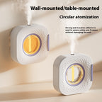 White aerosol diffuser with amber circular window, spraying from top nozzle