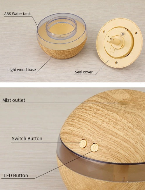 Wood essential oil diffuser showing water tank, seal cover, mist outlet, and buttons