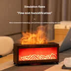 Wood-grain fireplace aroma diffuser with simulated flame and mist