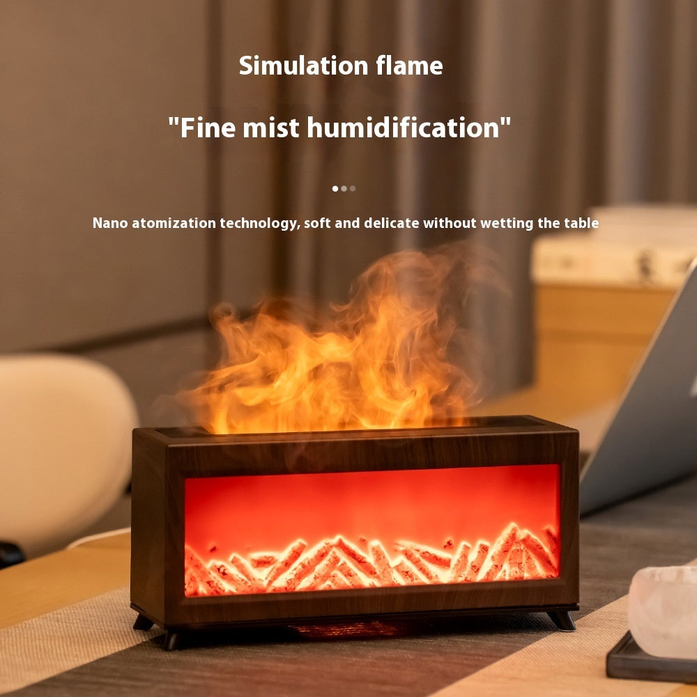 Wood-grain fireplace aroma diffuser with simulated flame and mist