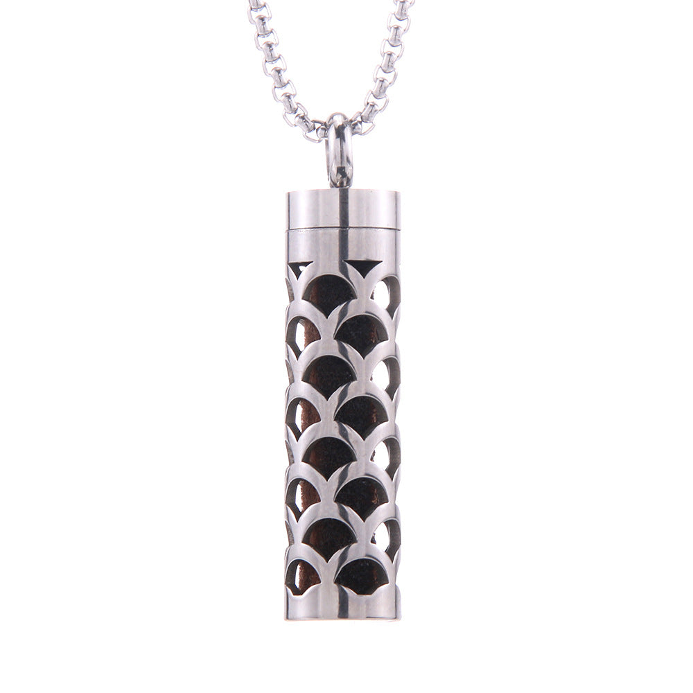 Aroma Pendant Zylinder mit schwarzen Rankenmustern, Edelstahlkette