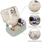 Structured travel vanity pouch showing inner mesh pocket and stretch slots, mint green