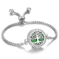 Silver Tree of Life aroma bracelet with round crystal bezel and sliding-bar clasp