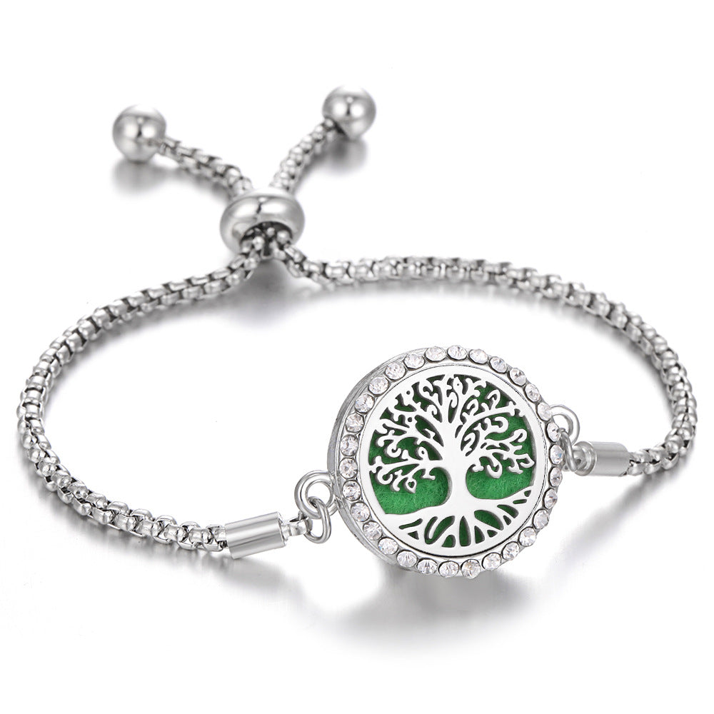 Silver Tree of Life aroma bracelet with round crystal bezel and sliding-bar clasp