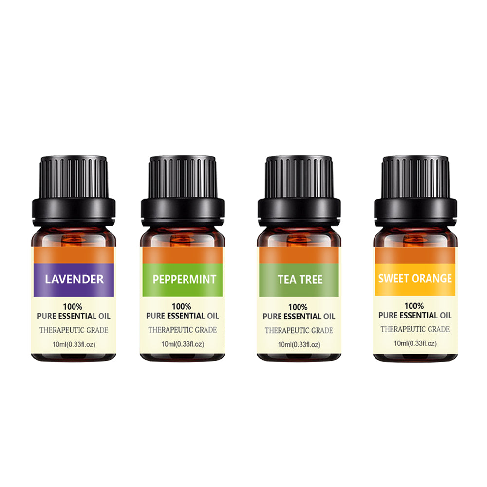 Essential Oil Ritual Collection: 4 essential oil bottles with labels—lavender, peppermint
