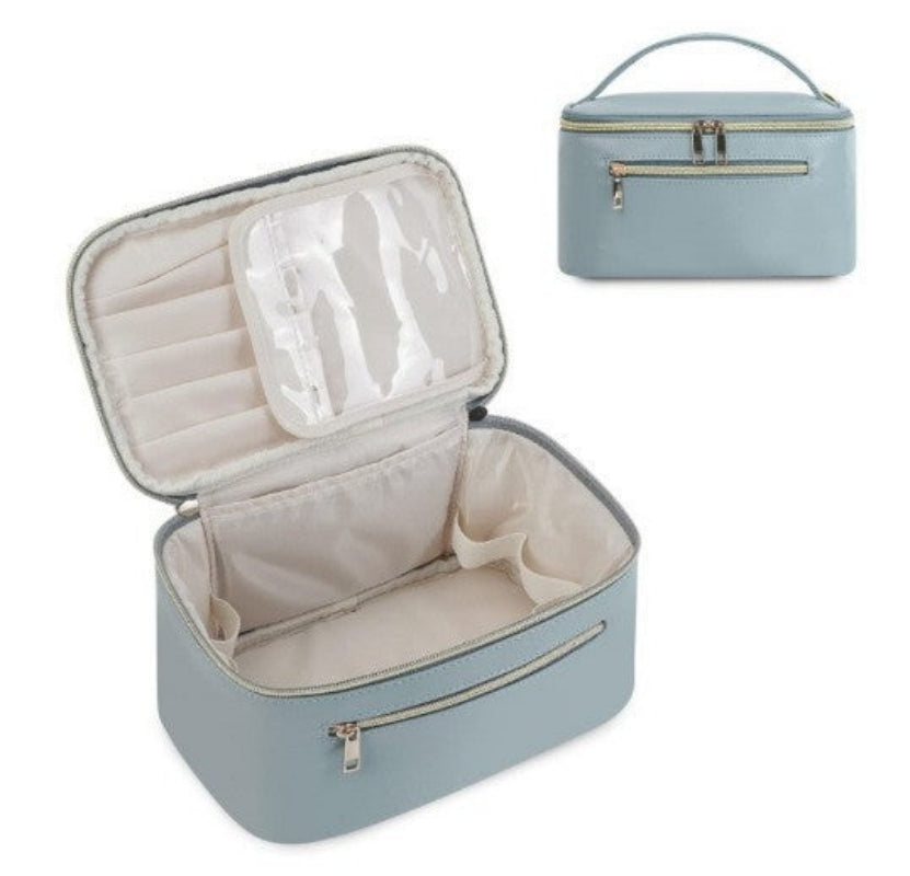 Structured travel vanity pouch, open view with interior compartments, mint blue-green color
