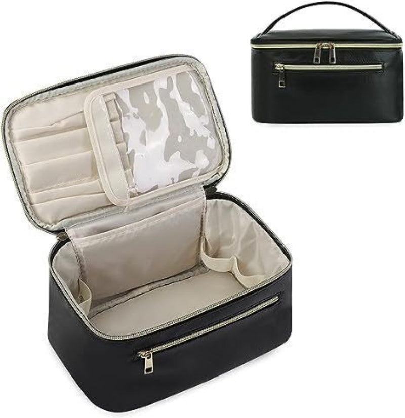 Structured travel vanity pouch in black, open interior with compartments and zip front, gold accents