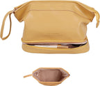 Gold cosmetic case with wrist strap, open top showing beige interior