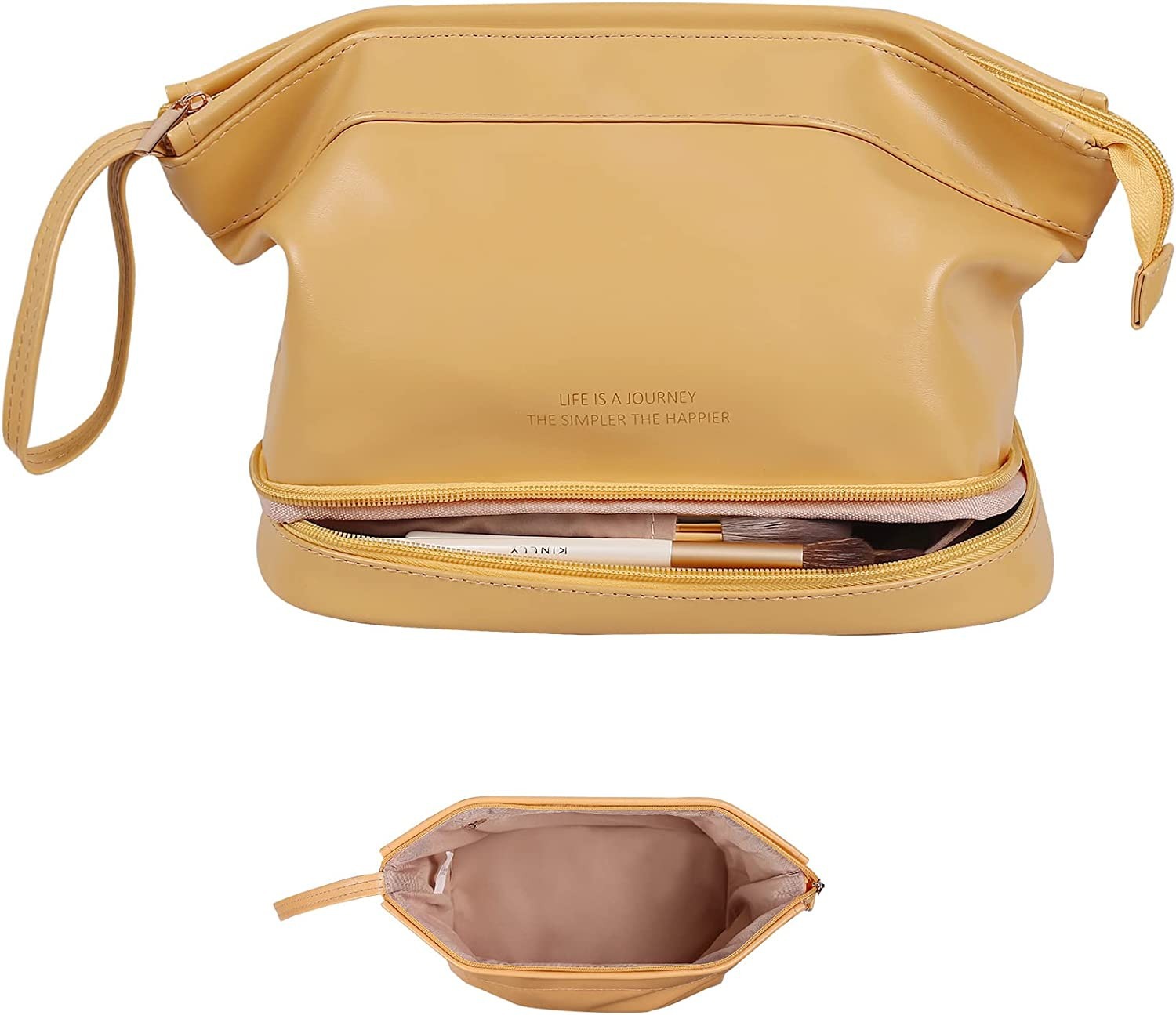 Gold cosmetic case with wrist strap, open top showing beige interior