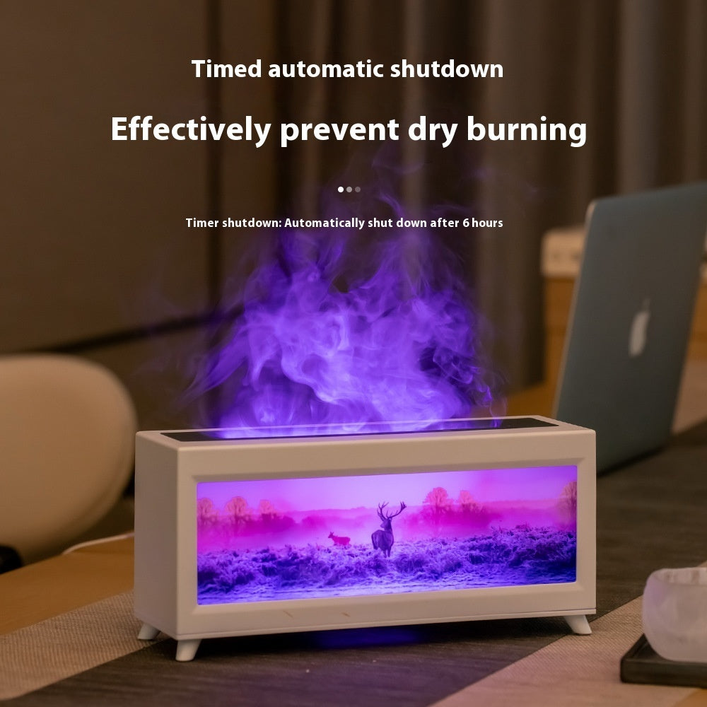 White fireplace aroma diffuser with purple mist and simulated fire scene