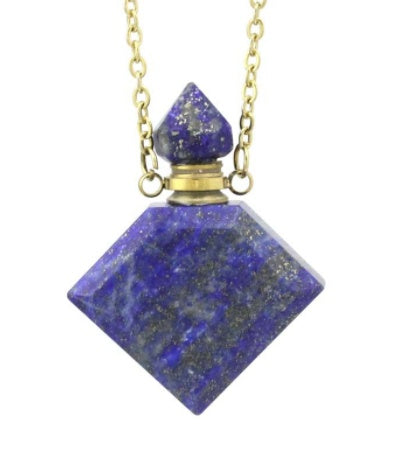 Blue speckled diamond perfume pendant with gold cap and chain, faceted crystal drop