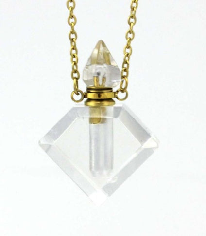 Clear diamond perfume pendant with gold cap and chain, faceted glass drop