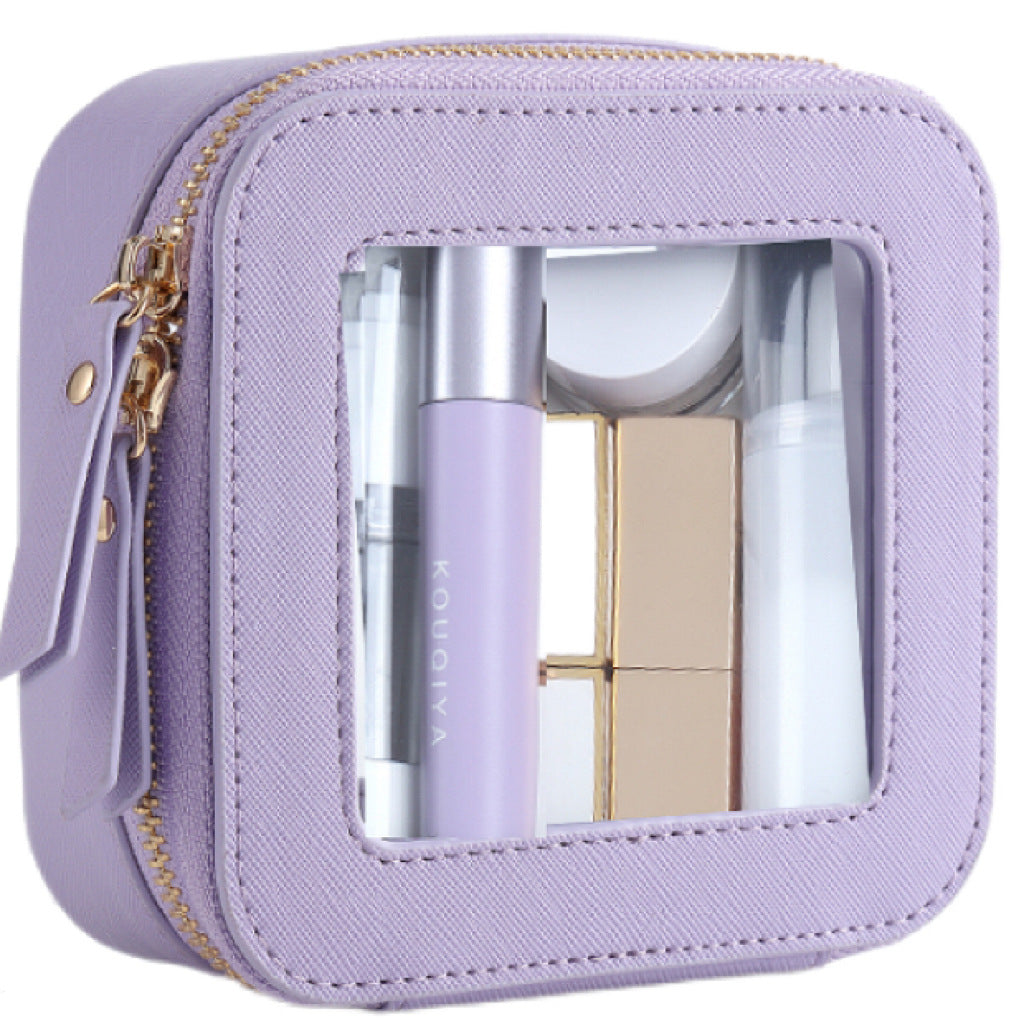 Lavender clear cosmetic pouch with clear window and gold zipper