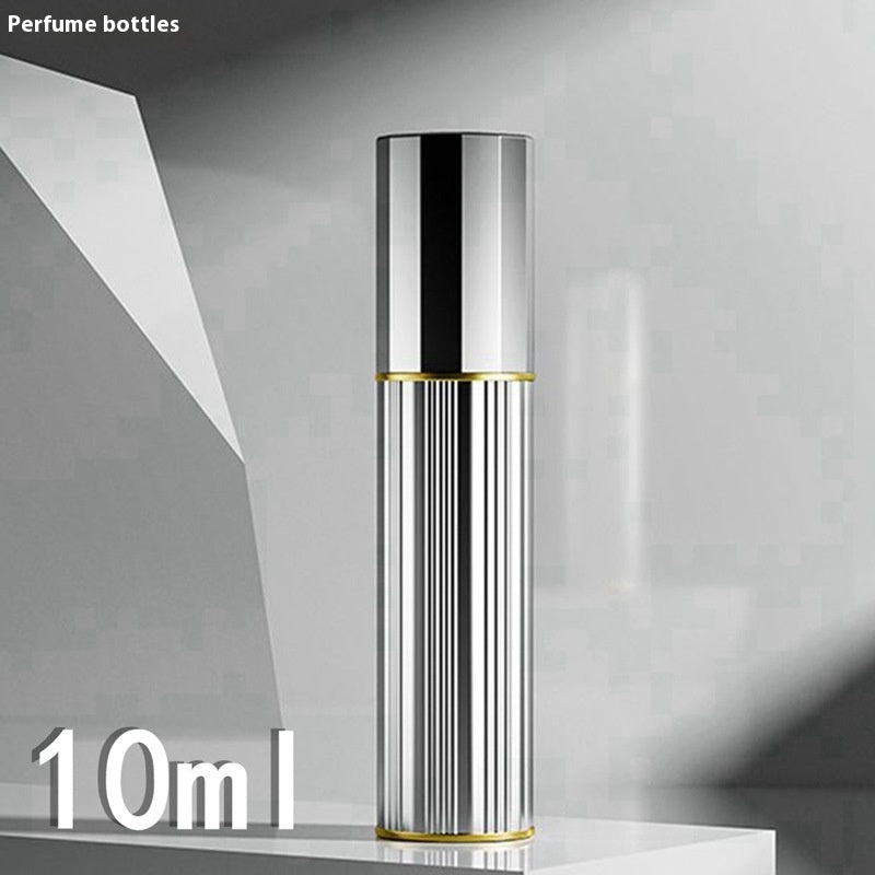Silver travel perfume atomiser with ribbed metal body, gold band, and capped top