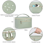 Structured travel vanity pouch exterior with front pocket, double zippers, mint green